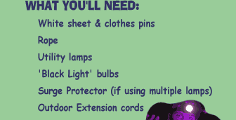 WHAT YOU'LL NEED:  White sheet and clothes pins - Rope - Utility lamps - "Black Light" bulbs - Surge Protector (if using multiple lamps) - Outdoor Extension Cords